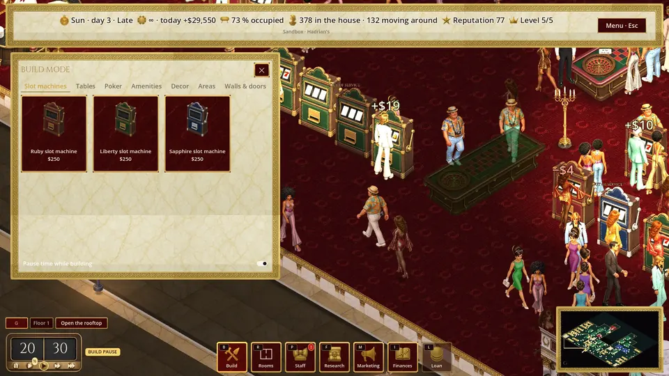 Build mode: place slot machines, tables, bars and stages